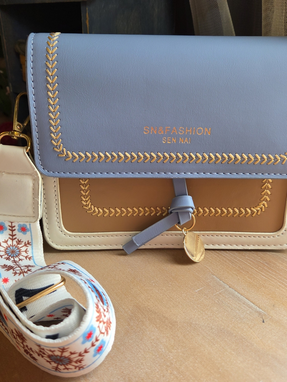 Two-Tone Blue and Tan Crossbody Bag
